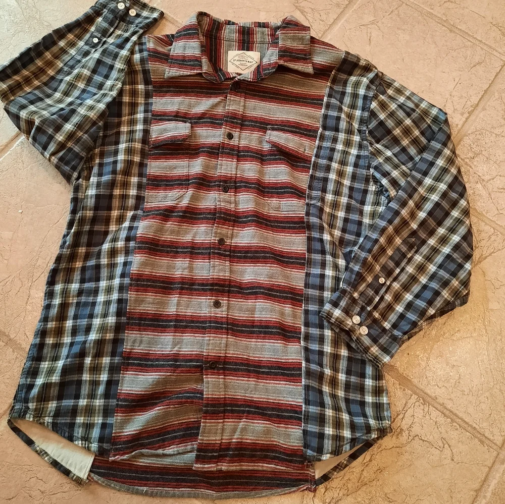 Spliced Flannel Plaid Shirt Upcycled Mens M-L womans L-XL unisex - Picture 1 of 5